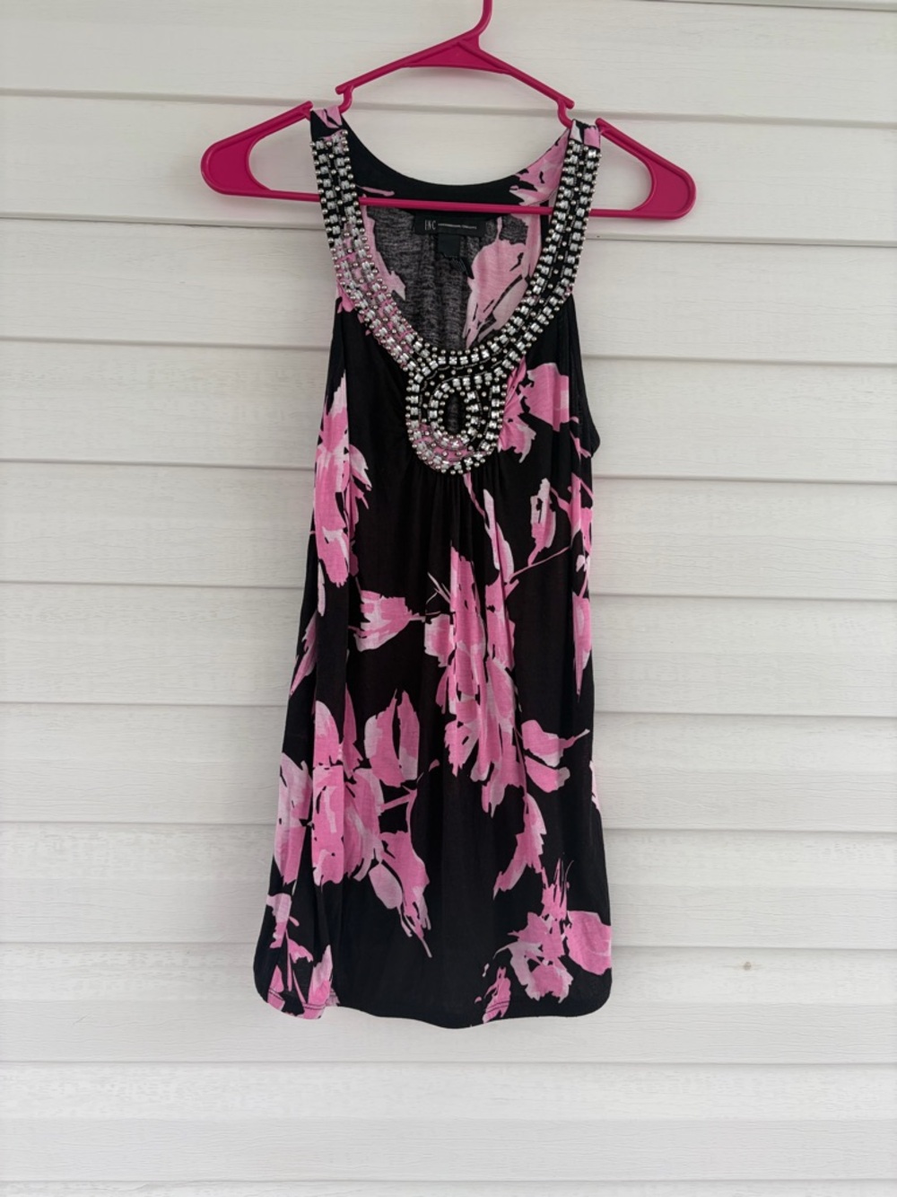 INC International Concepts Pink Black Floral Blouse Crystal Halter Neck
